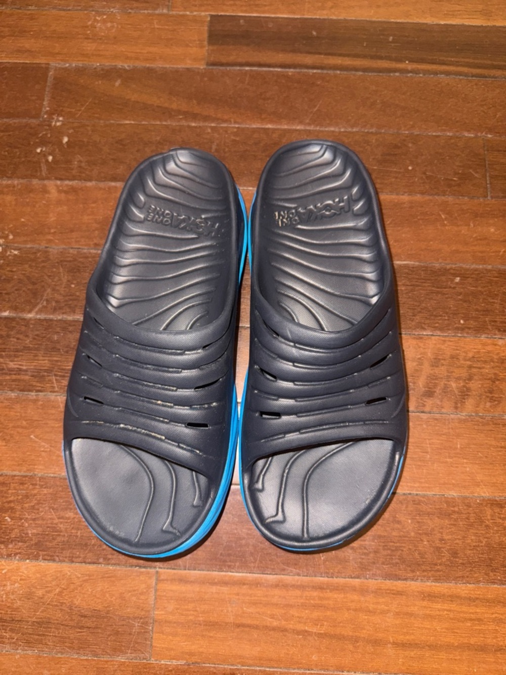Hoka Men's Black Slide Sandals with Blue Midsoles - Picture 3 of 10